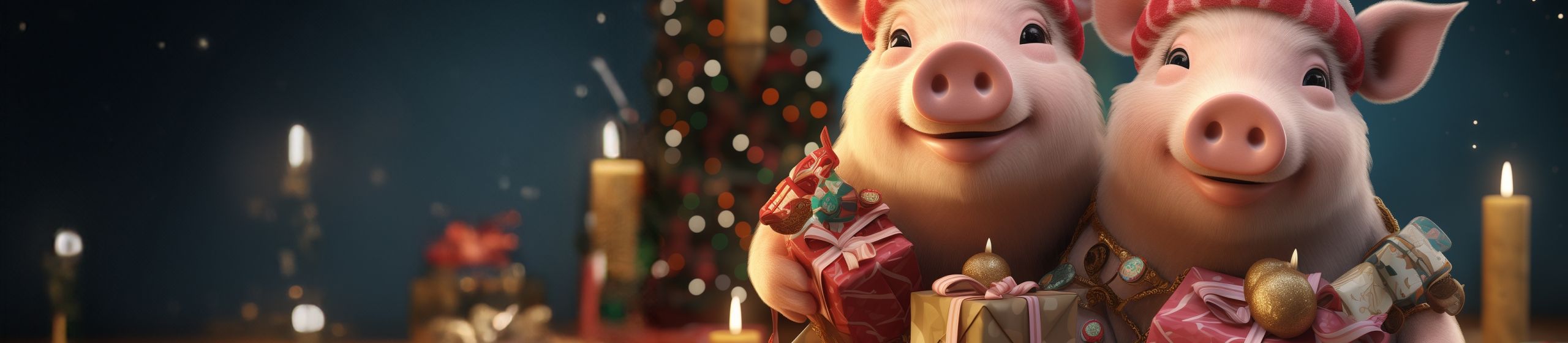 Twee varkens met kerstmutsen bij een kerstboom met cadeautjes