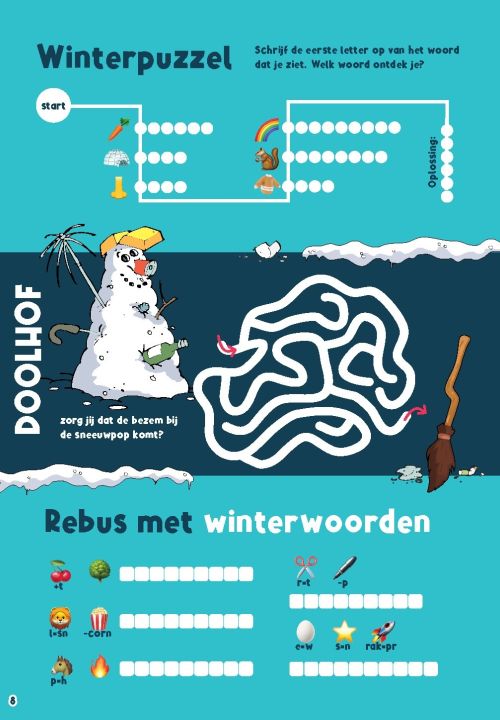 Twee winterpuzzels voor kinderen en een doolhof in winterthema